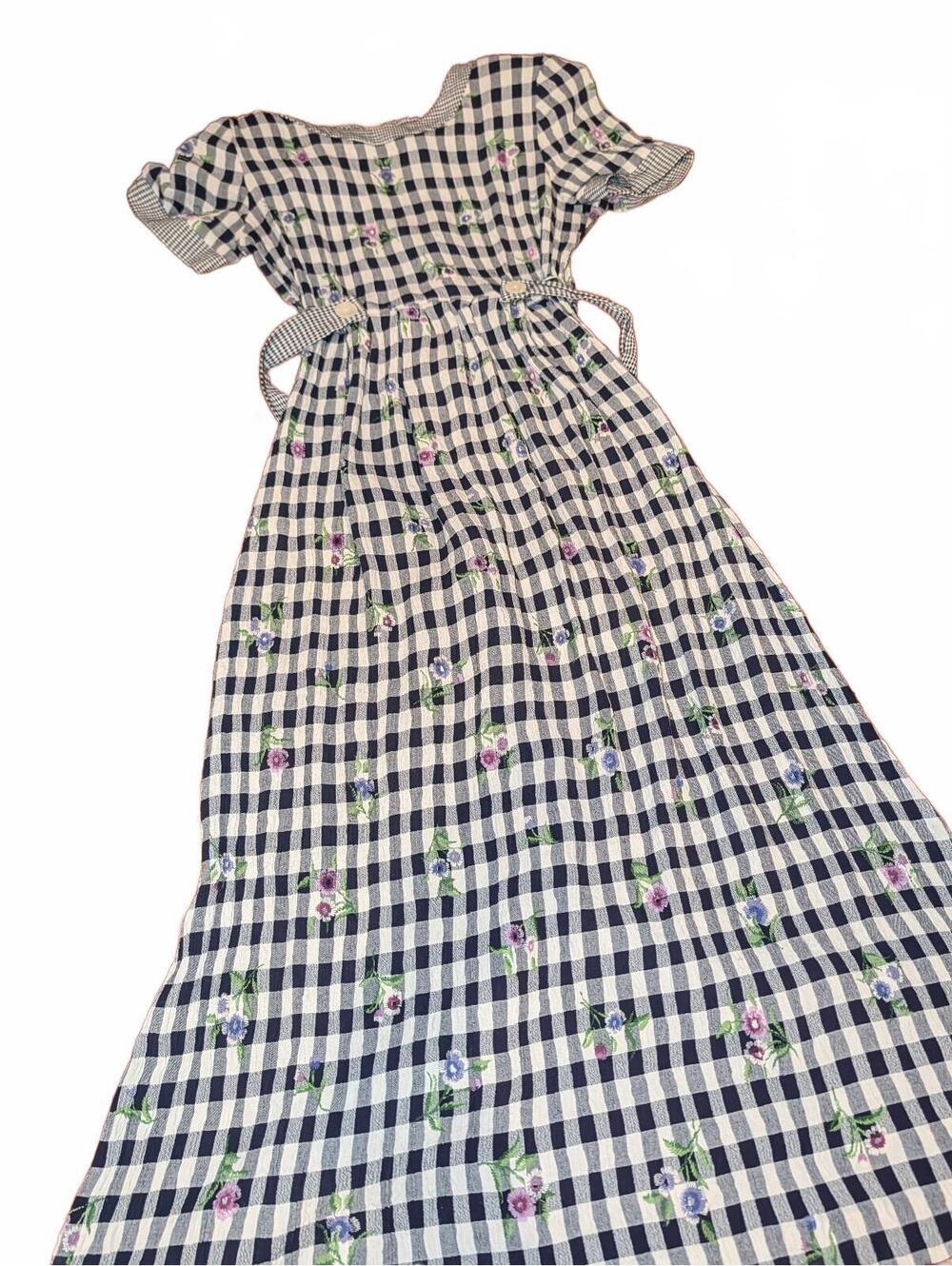 Vintage S.L. Fashions Navy and White Gingham Floral Dress Size 10